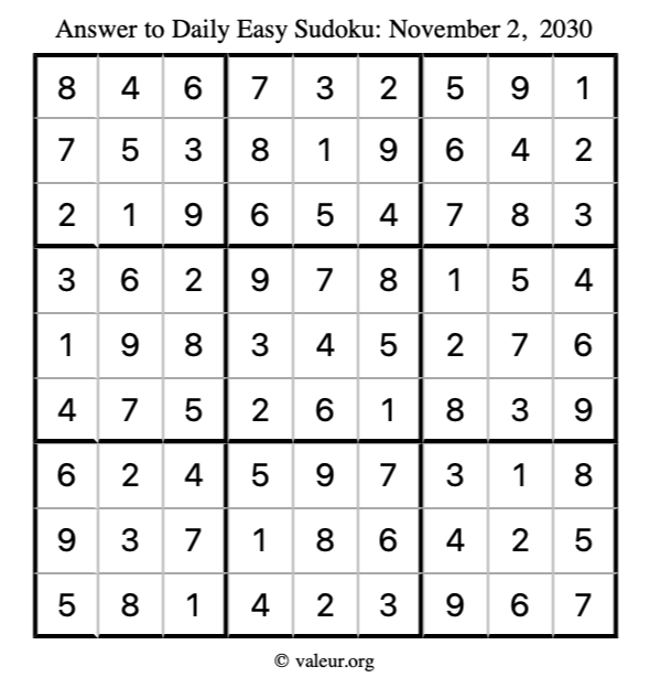 Answer to easy sudoku November 2, 2030