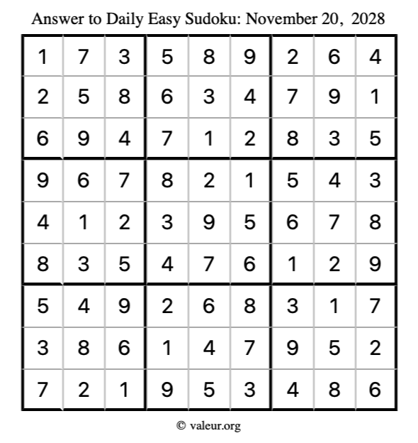 Answer to easy sudoku November 20, 2028