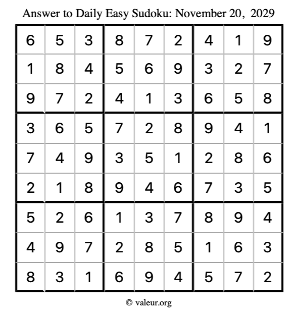 Answer to easy sudoku November 20, 2029
