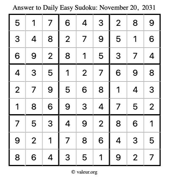 Answer to easy sudoku November 20, 2031