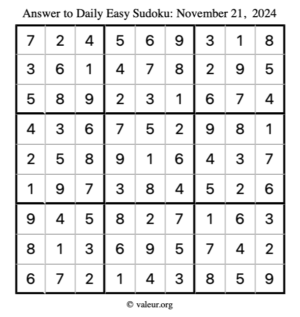 Answer to easy sudoku November 21, 2024