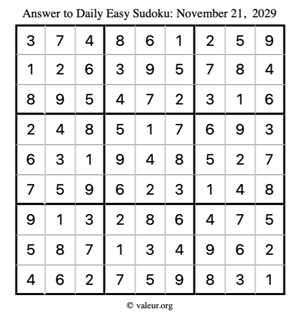 Answer to easy sudoku November 21, 2029