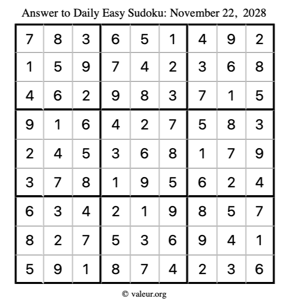 Answer to easy sudoku November 22, 2028