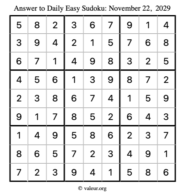Answer to easy sudoku November 22, 2029