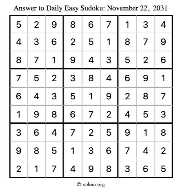 Answer to easy sudoku November 22, 2031
