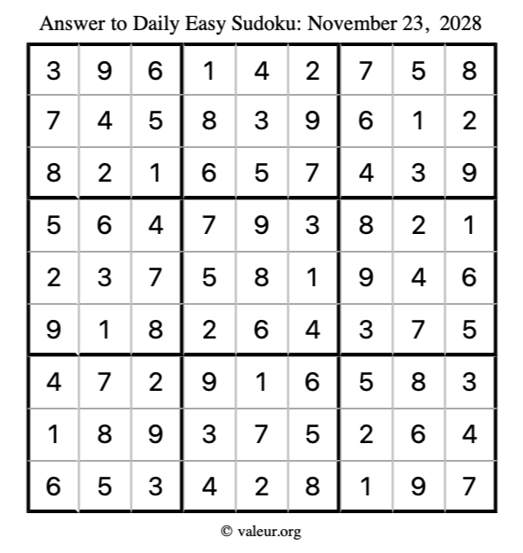 Answer to easy sudoku November 23, 2028