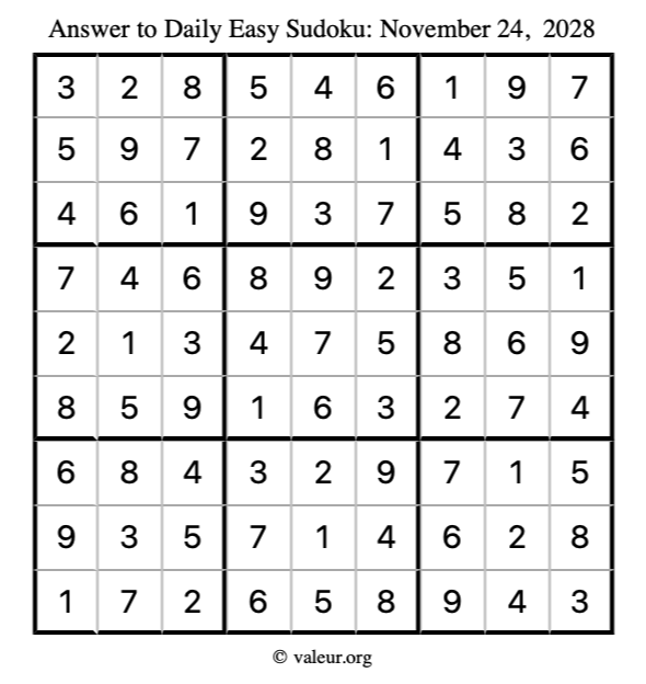 Answer to easy sudoku November 24, 2028