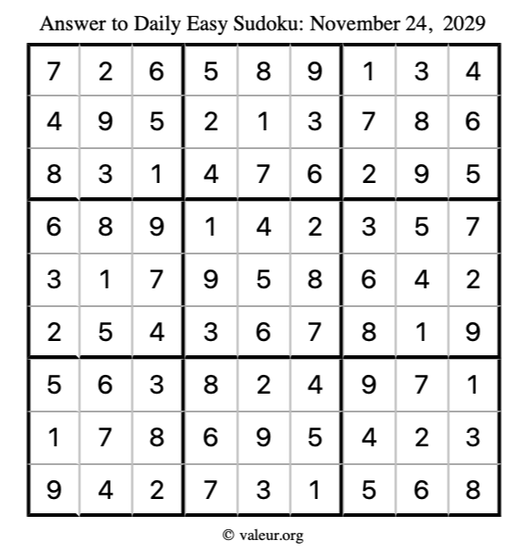 Answer to easy sudoku November 24, 2029
