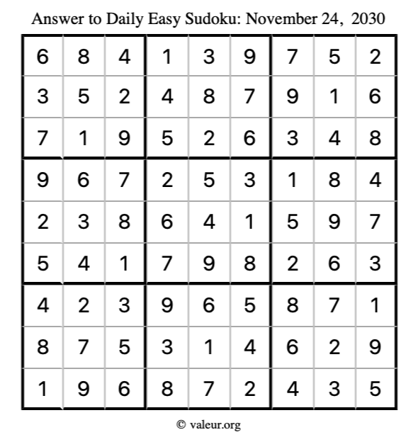 Answer to easy sudoku November 24, 2030