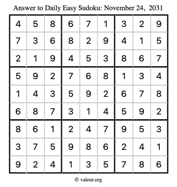 Answer to easy sudoku November 24, 2031