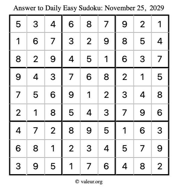Answer to easy sudoku November 25, 2029
