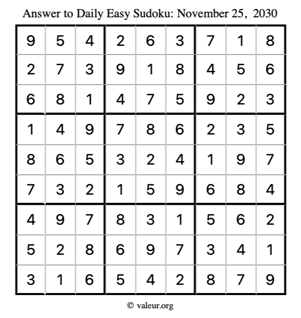 Answer to easy sudoku November 25, 2030