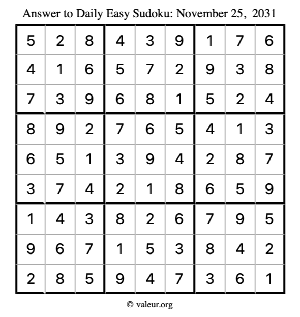 Answer to easy sudoku November 25, 2031
