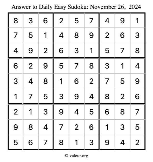 Answer to easy sudoku November 26, 2024