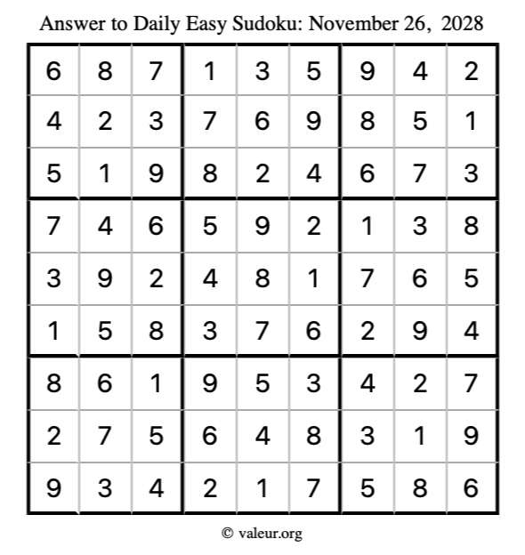 Answer to easy sudoku November 26, 2028