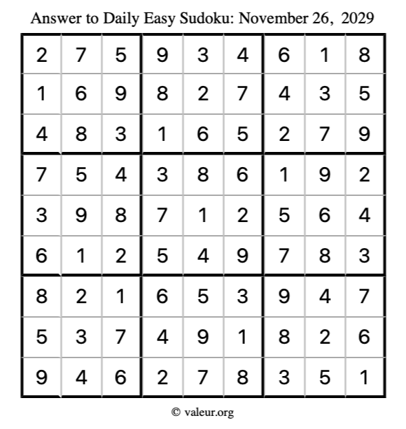 Answer to easy sudoku November 26, 2029