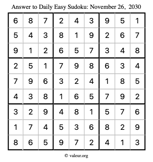 Answer to easy sudoku November 26, 2030
