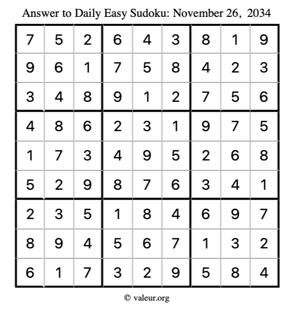 Answer to easy sudoku November 26, 2034