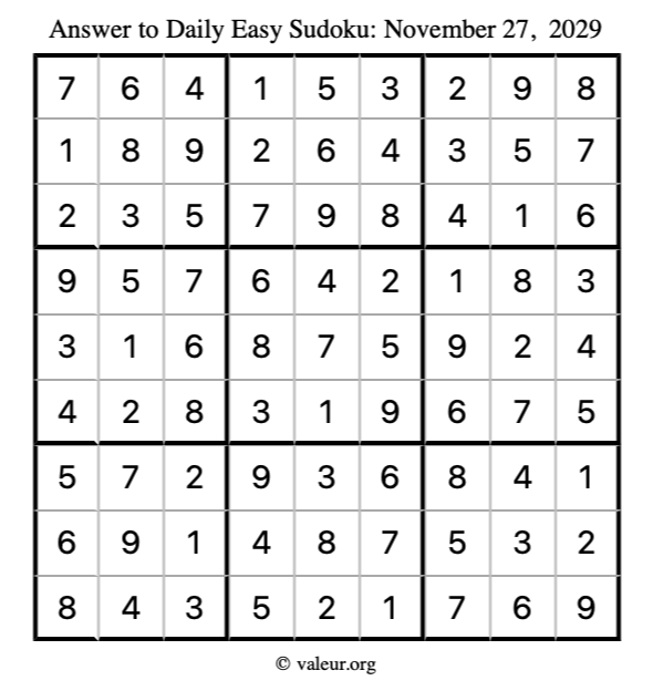 Answer to easy sudoku November 27, 2029