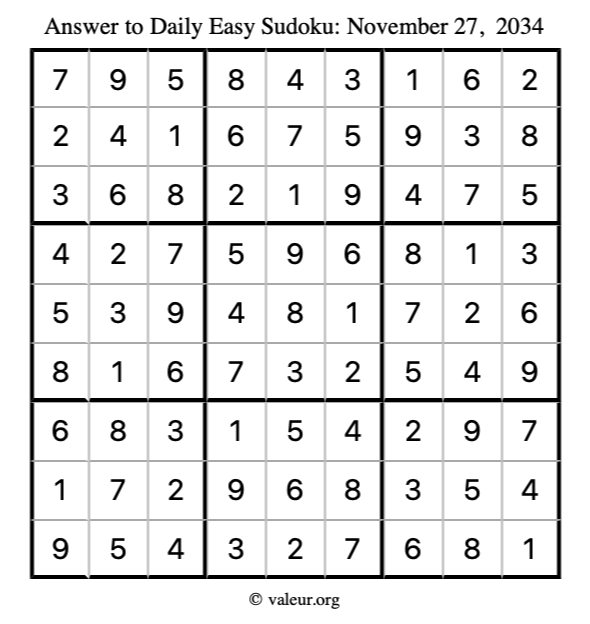 Answer to easy sudoku November 27, 2034