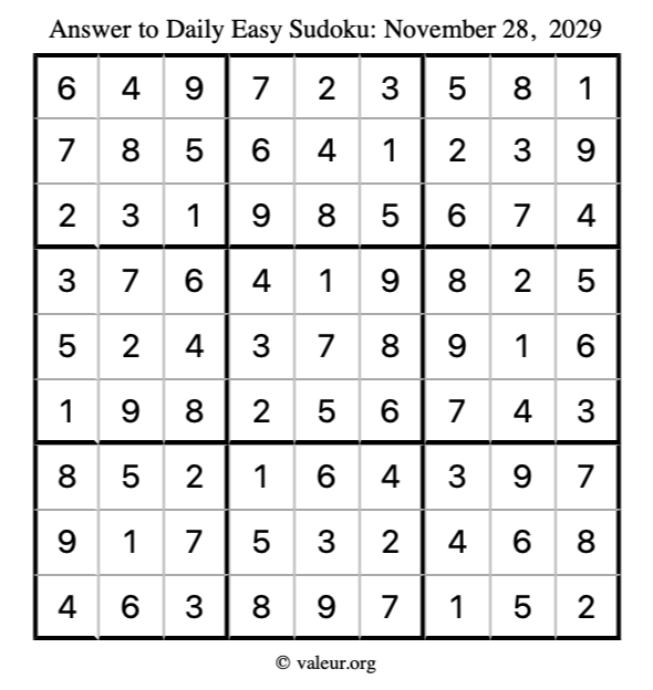 Answer to easy sudoku November 28, 2029