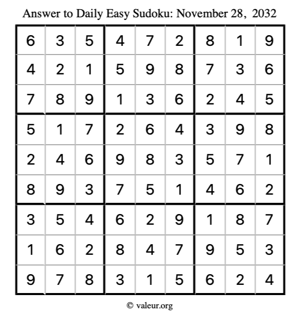 Answer to easy sudoku November 28, 2032