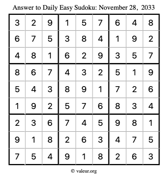 Answer to easy sudoku November 28, 2033