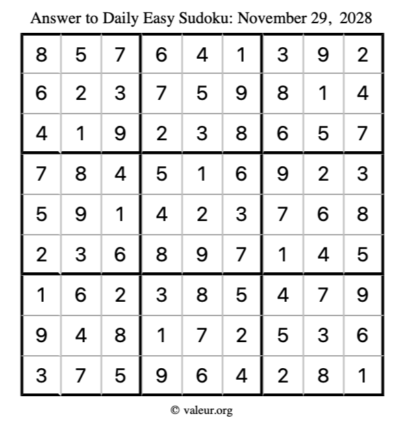 Answer to easy sudoku November 29, 2028