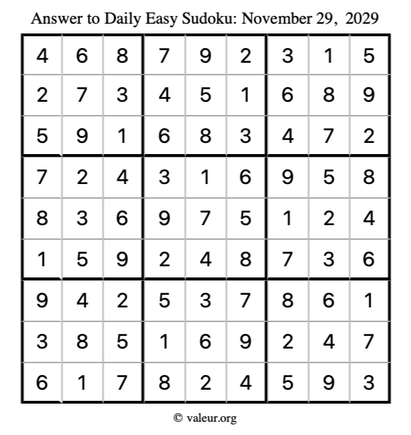 Answer to easy sudoku November 29, 2029