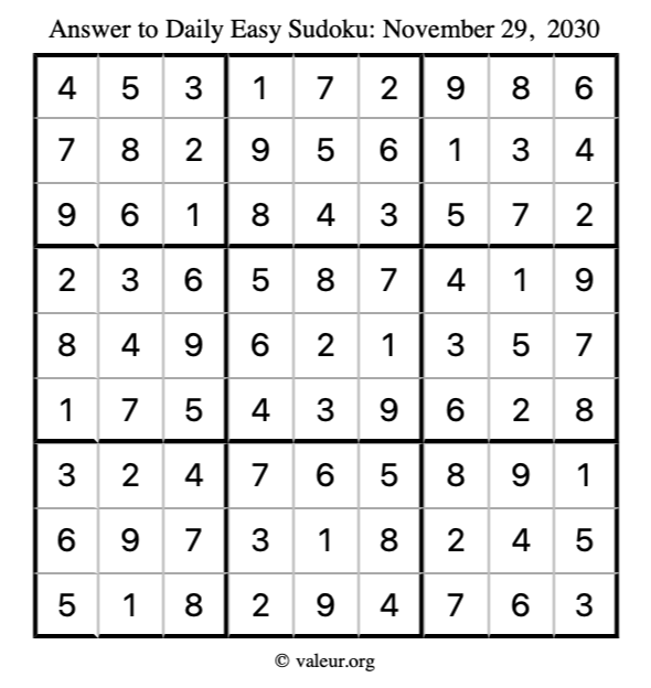 Answer to easy sudoku November 29, 2030