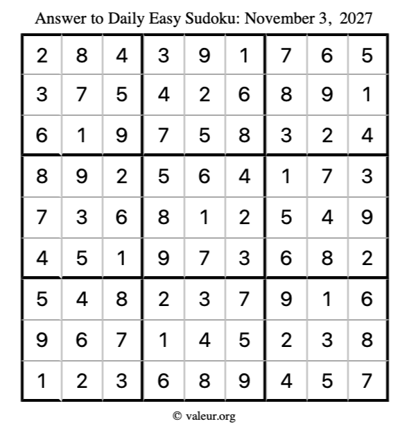 Answer to easy sudoku November 3, 2027