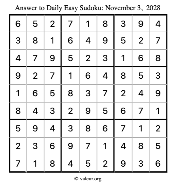 Answer to easy sudoku November 3, 2028