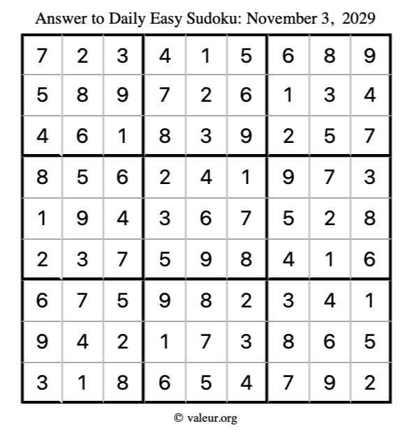 Answer to easy sudoku November 3, 2029