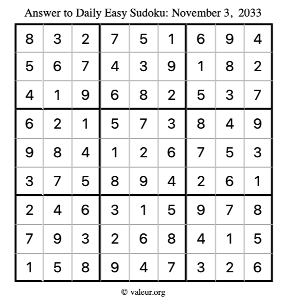 Answer to easy sudoku November 3, 2033