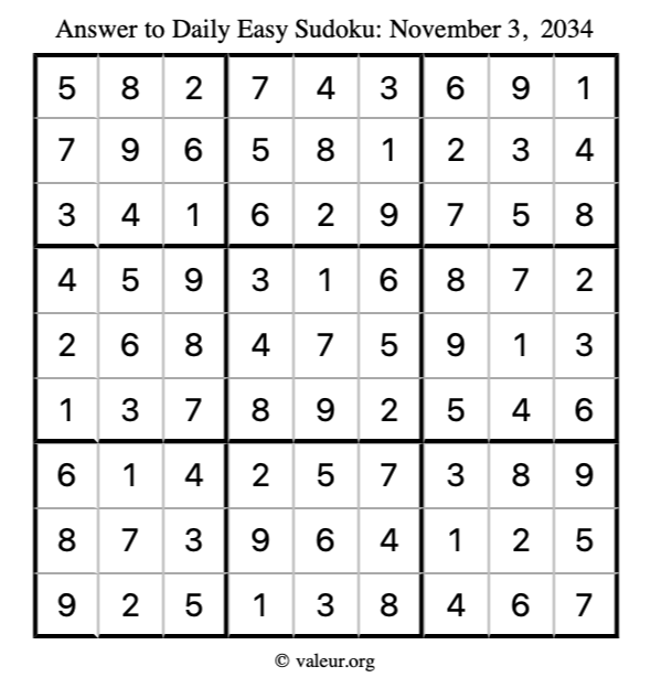 Answer to easy sudoku November 3, 2034