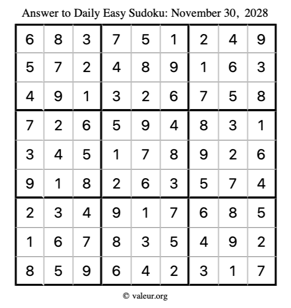 Answer to easy sudoku November 30, 2028