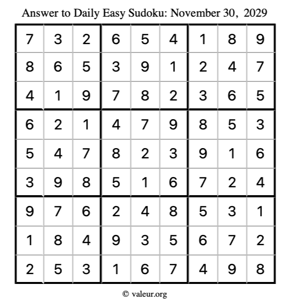 Answer to easy sudoku November 30, 2029
