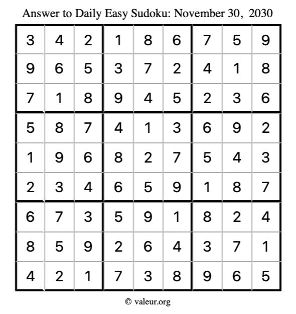 Answer to easy sudoku November 30, 2030
