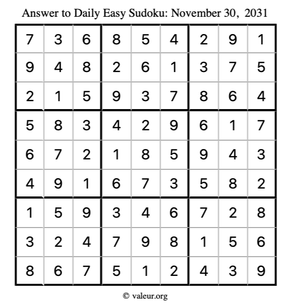 Answer to easy sudoku November 30, 2031