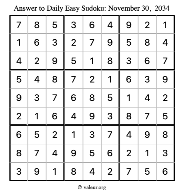 Answer to easy sudoku November 30, 2034