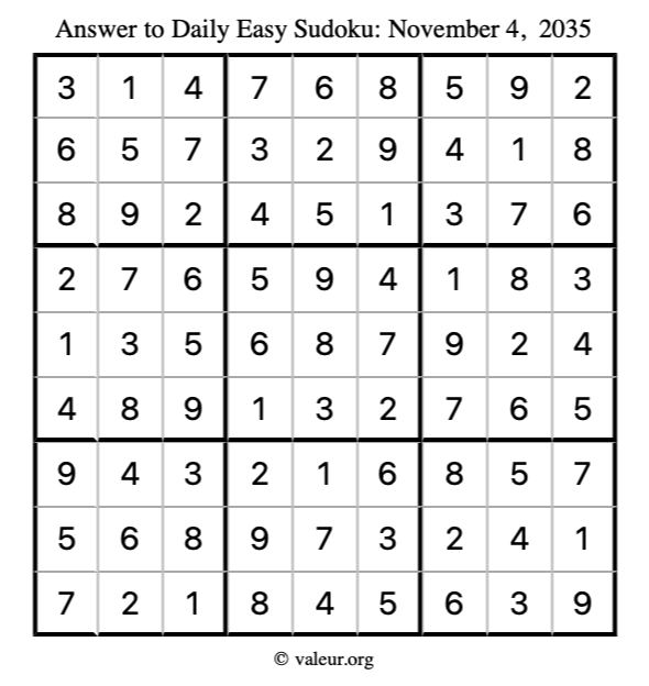 Answer to easy sudoku November 4, 2035