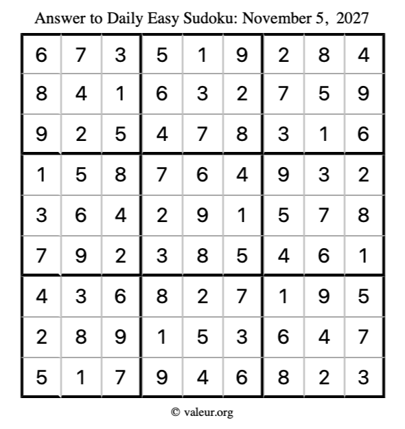 Answer to easy sudoku November 5, 2027