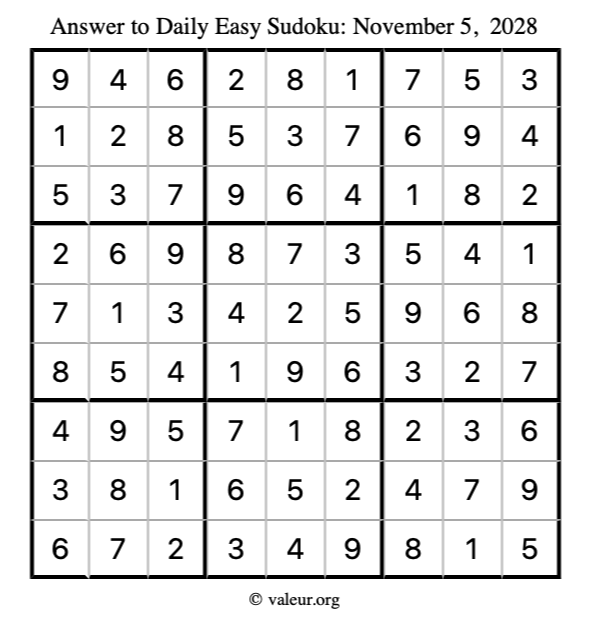 Answer to easy sudoku November 5, 2028