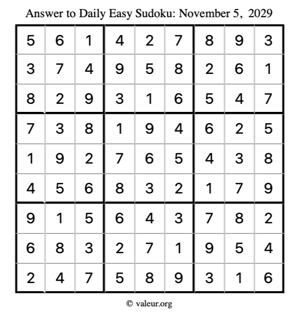 Answer to easy sudoku November 5, 2029