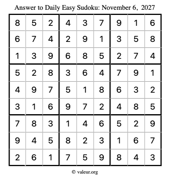Answer to easy sudoku November 6, 2027