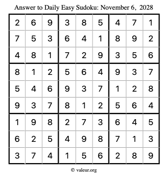Answer to easy sudoku November 6, 2028