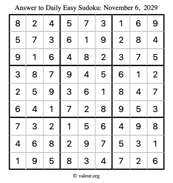 Answer to easy sudoku November 6, 2029