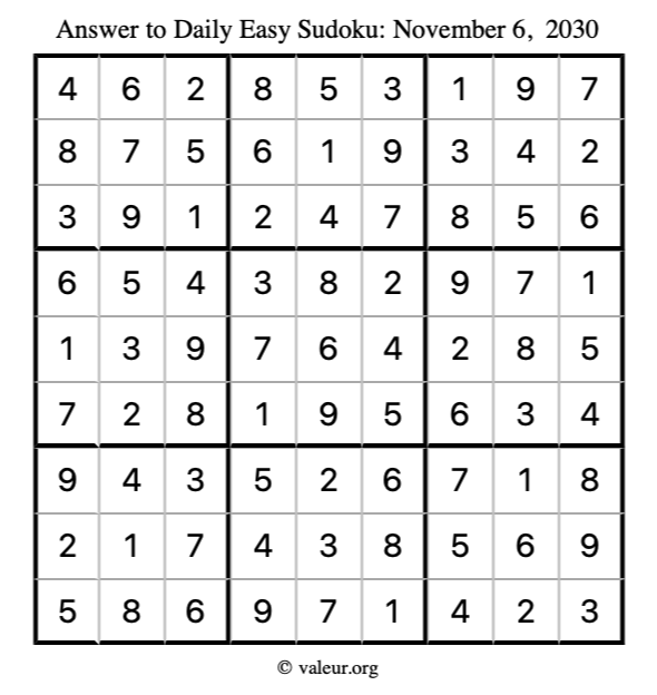 Answer to easy sudoku November 6, 2030