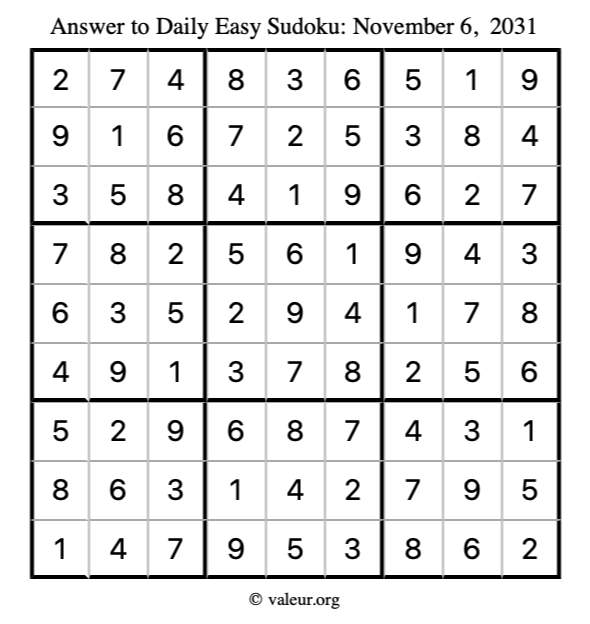 Answer to easy sudoku November 6, 2031