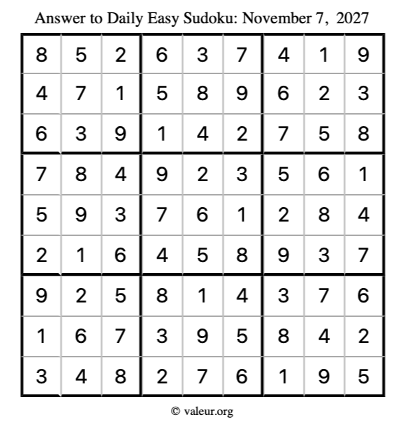 Answer to easy sudoku November 7, 2027